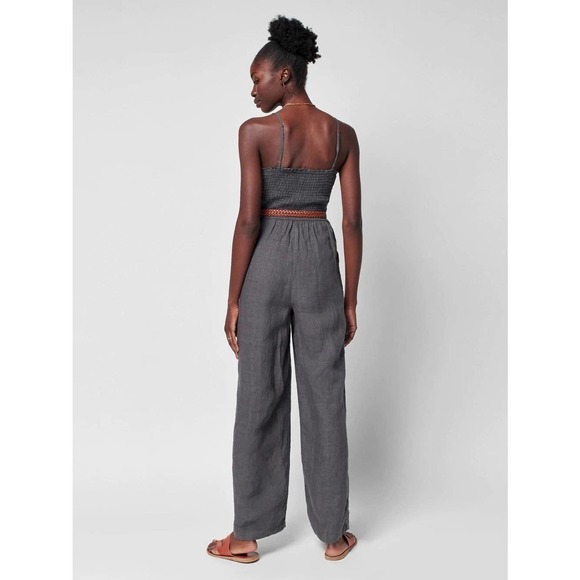 FAHERTY WOMEN GRAY MANDY LINEN SMOCKED WIDE LEG JUMPSUIT SIZE L NWT - Picture 2 of 13